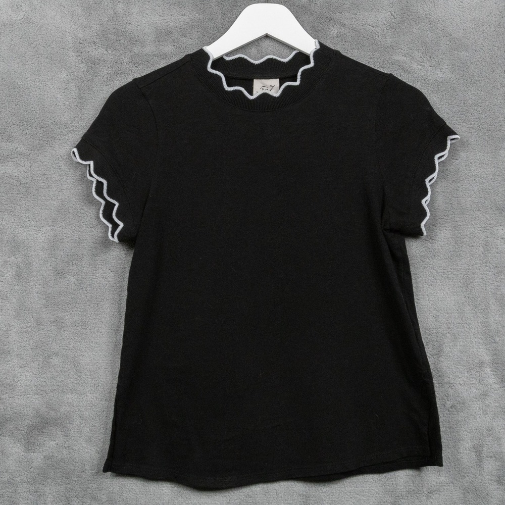 CINQ A SEPT Scalloped Contrast Trim Tee Cotton Black White Sz XS